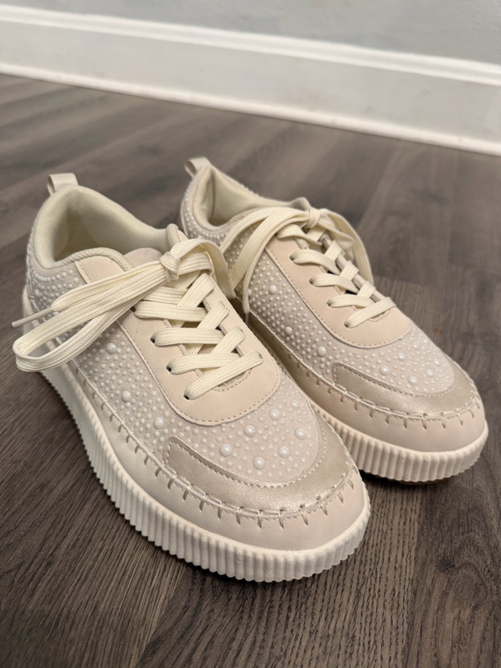 Nicole Miller Cream Beaded Platform Sneakers